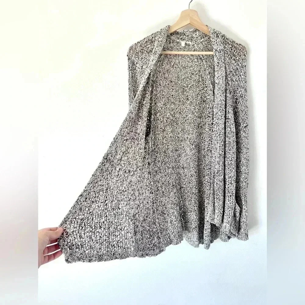 Eileen Fisher Grey & White Open Knit Drape Front Long Line Cotton Cardigan Large